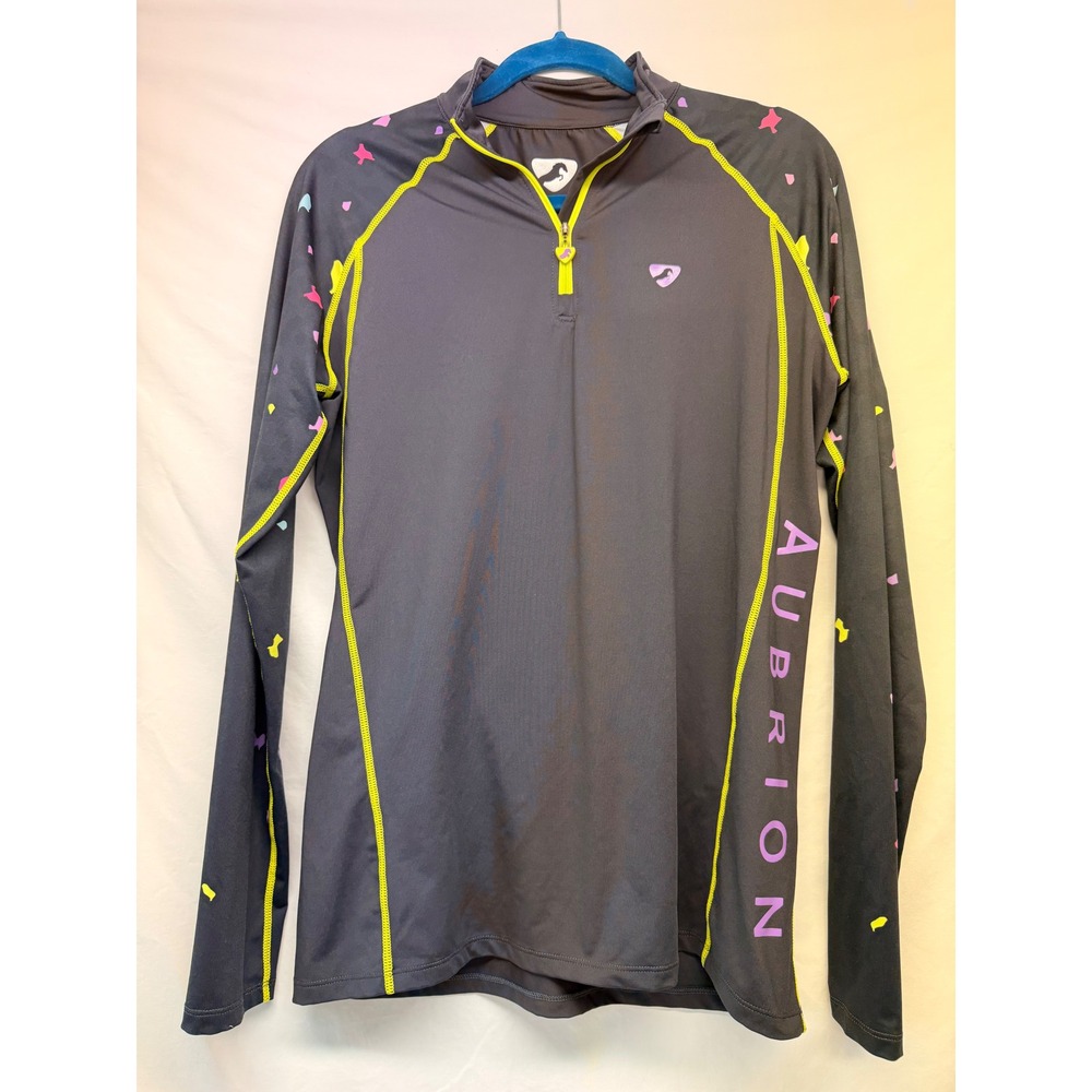 Women's Aubrion Shires Equestrian Base Layer Top Gray Neon Yellow Print Large